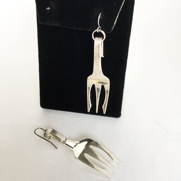 Fork Earrings Silverware Jewelry Hand Made Vintage Flatware Dangles Earrings - Picture 2 of 3